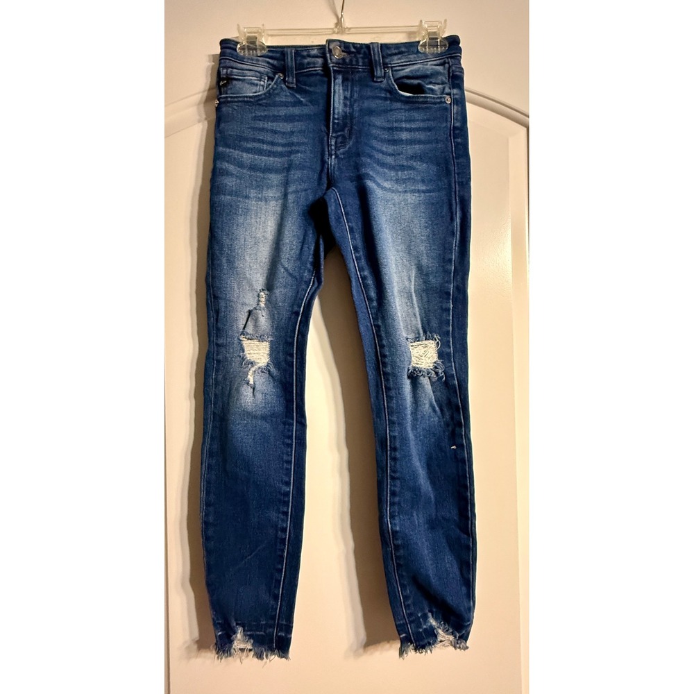 Kancan Distressed Skinny Jeans 5/26 Blue Medium Wash Raw Hem Indie Boho Festival